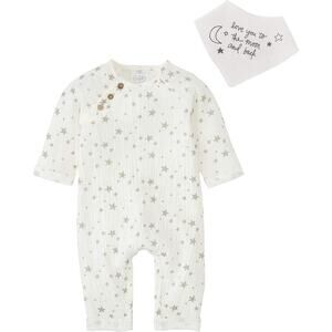 Mud Pie White & Gray Star Gauze Romper & Bandana Bib Outfit Set Size 3-6 Months